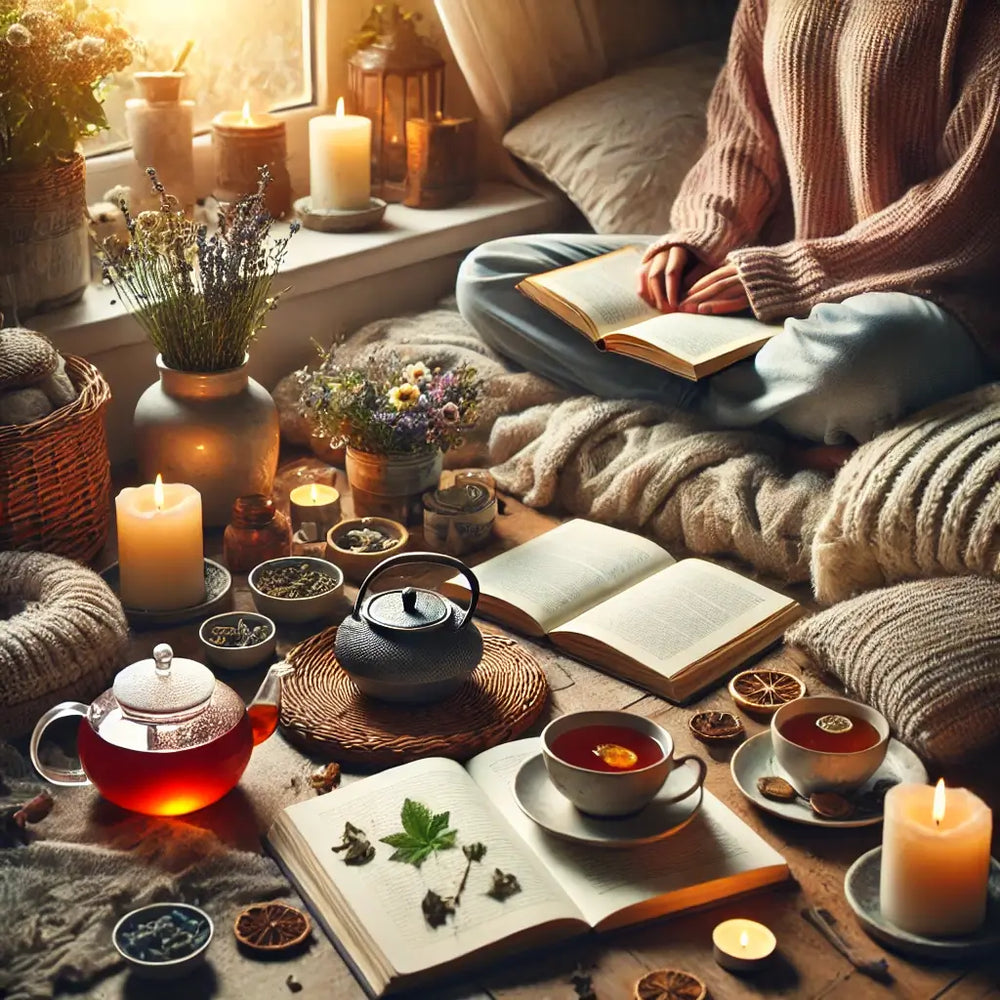 A cozy, candlelit scene of a tea ritual near a window. A person sits cross-legged reading, surrounded by books, herbal tea, teapots, dried flowers, and soft blankets.